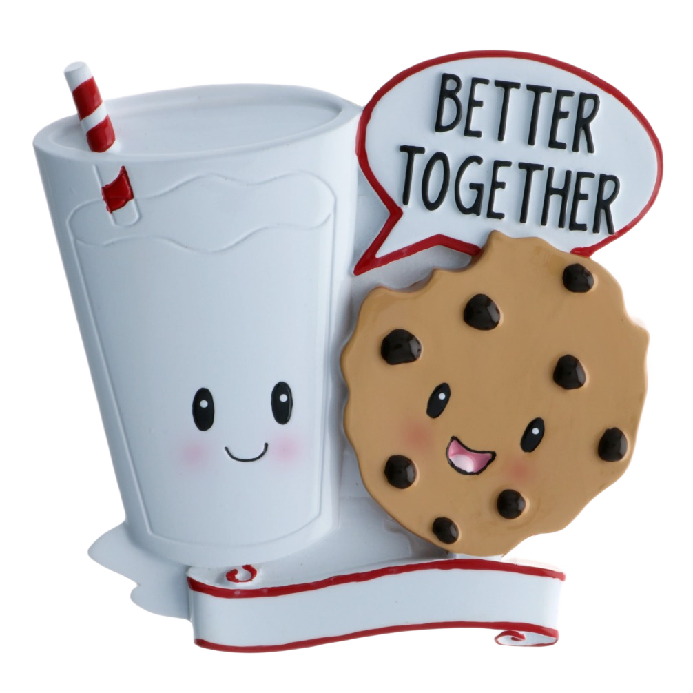 Smiling milk glass and chocolate chip cookie with speech bubble saying "Better Together" from Christmas Ornaments collection