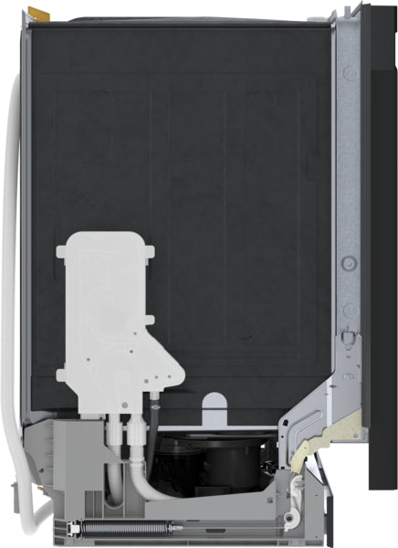 Cutaway view of a 24-inch black dishwasher interior parts showcasing internal plumbing and mechanical components.