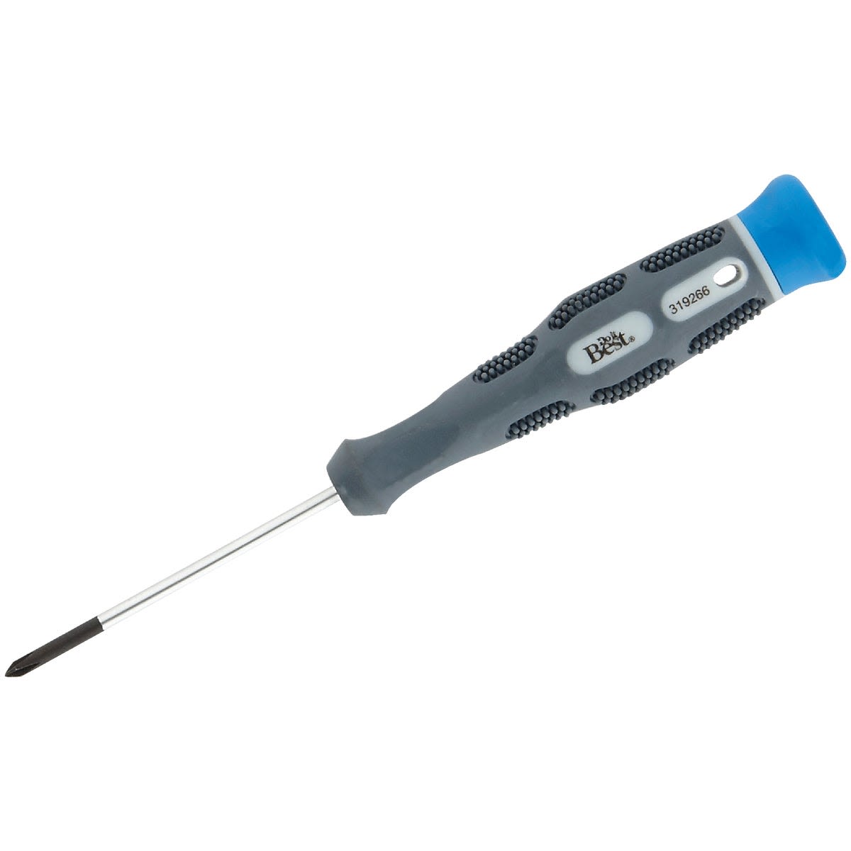 Precision #0 Phillips screwdriver with gray and blue ergonomic handle for tools and home improvement tasks