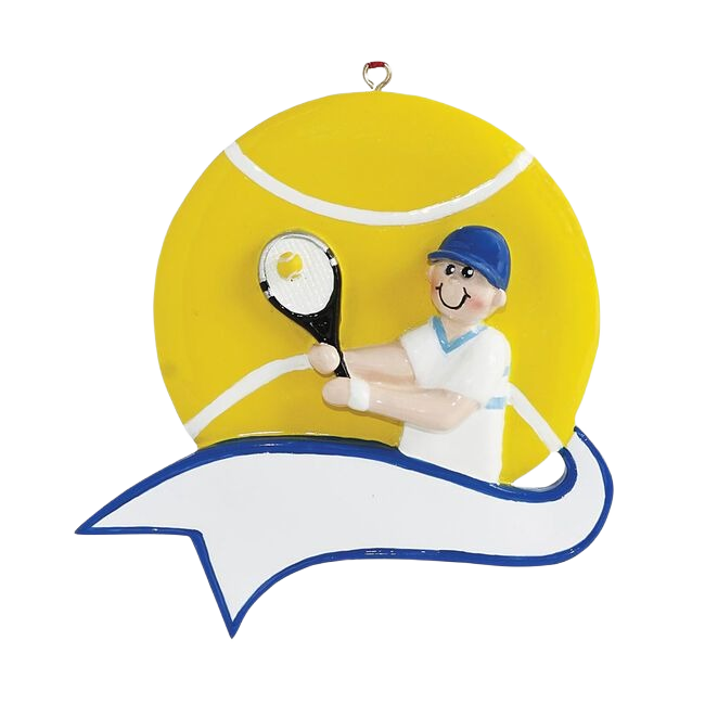 Boy in blue cap serving tennis ball on bright yellow ball background Christmas ornament under $50 collection