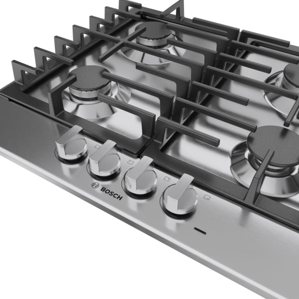 Stainless steel cooktop with four gas burners and sturdy cast iron grates in Bosch kitchen appliance collection