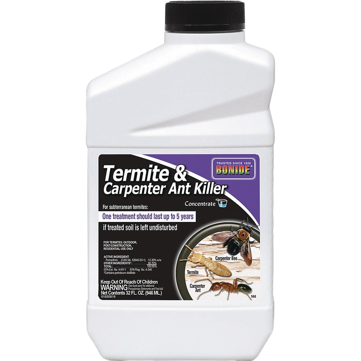 White plastic bottle of Bonide termite and carpenter ant killer concentrate with black cap for lawn and garden pest control