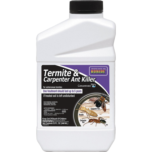 White plastic bottle of Bonide termite and carpenter ant killer concentrate with black cap for lawn and garden pest control