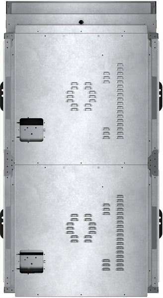 Top-down view of a metal framed double oven unit with ventilation slots and mounting brackets for kitchen appliance installation