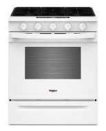 White 30-inch gas range with five control knobs and large oven window from kitchen and appliances collections