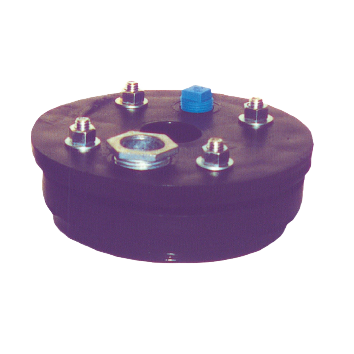 Black sanitary well seal with metal fittings and a blue vent cap for plumbing and home improvement projects