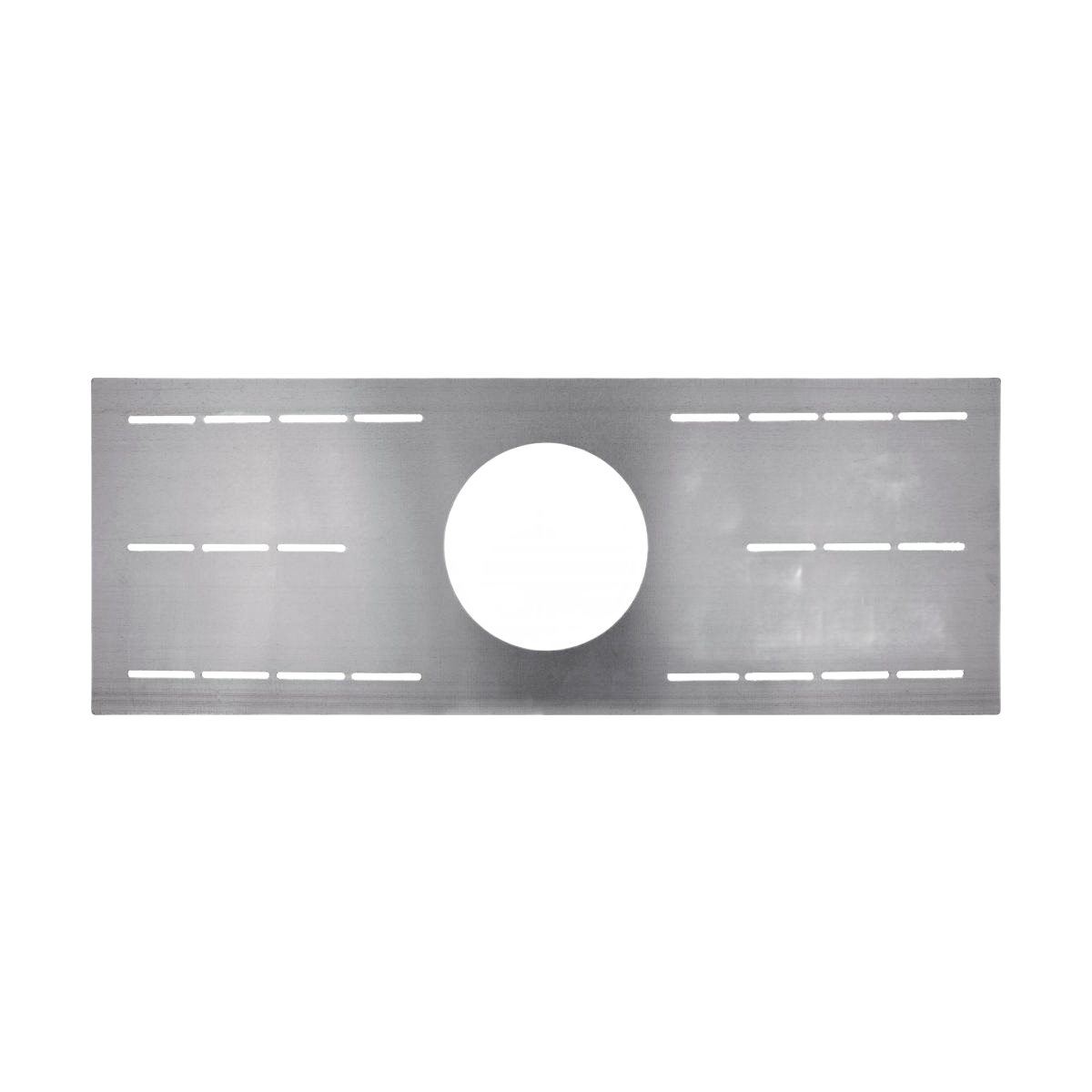 Metal flat mounting plate with central round cutout and elongated slots for electrical and home improvement projects