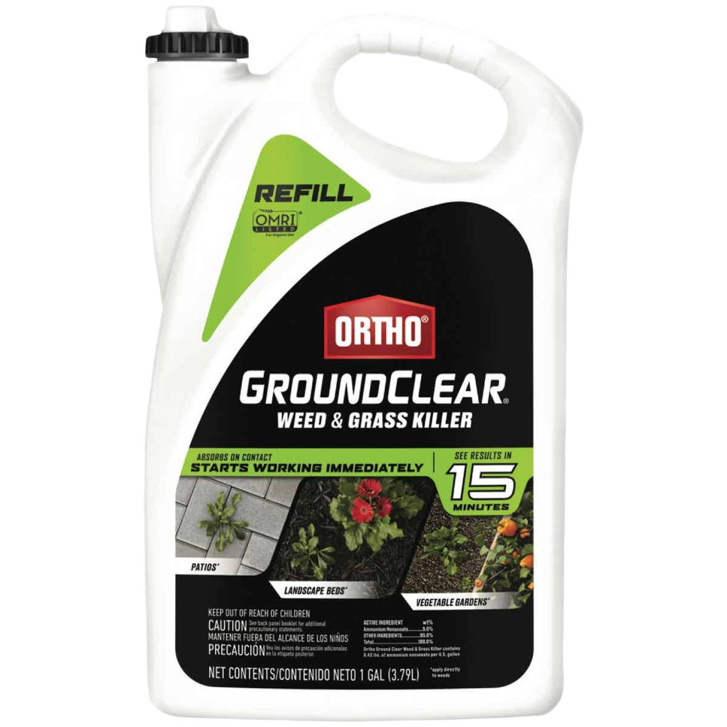 White 1-gallon refill jug of fast-acting Ortho GroundClear weed and grass killer for lawn care and garden use