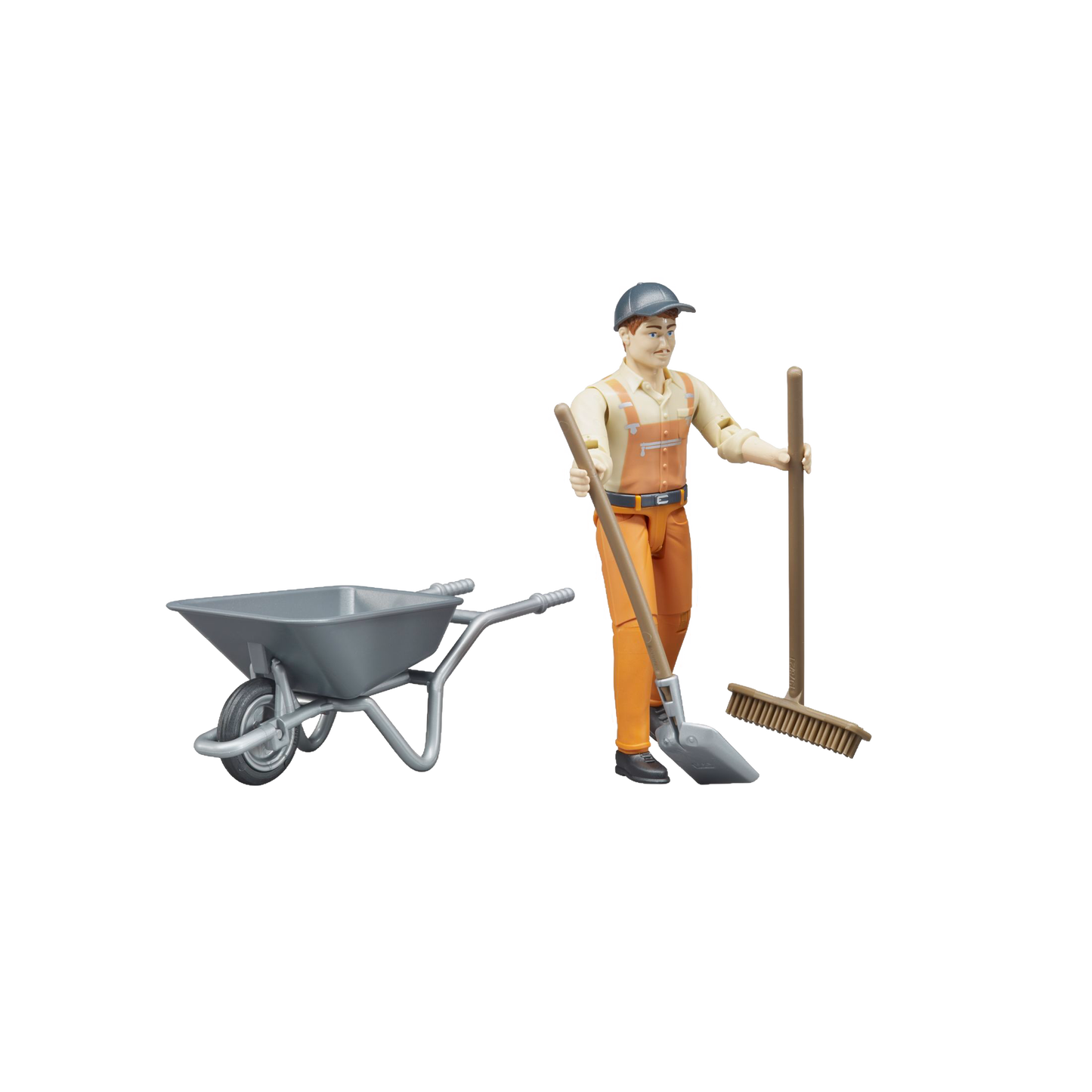 Figure of municipal worker in orange overalls with broom, shovel, and gray wheelbarrow for Bruder Toys under $50 collection