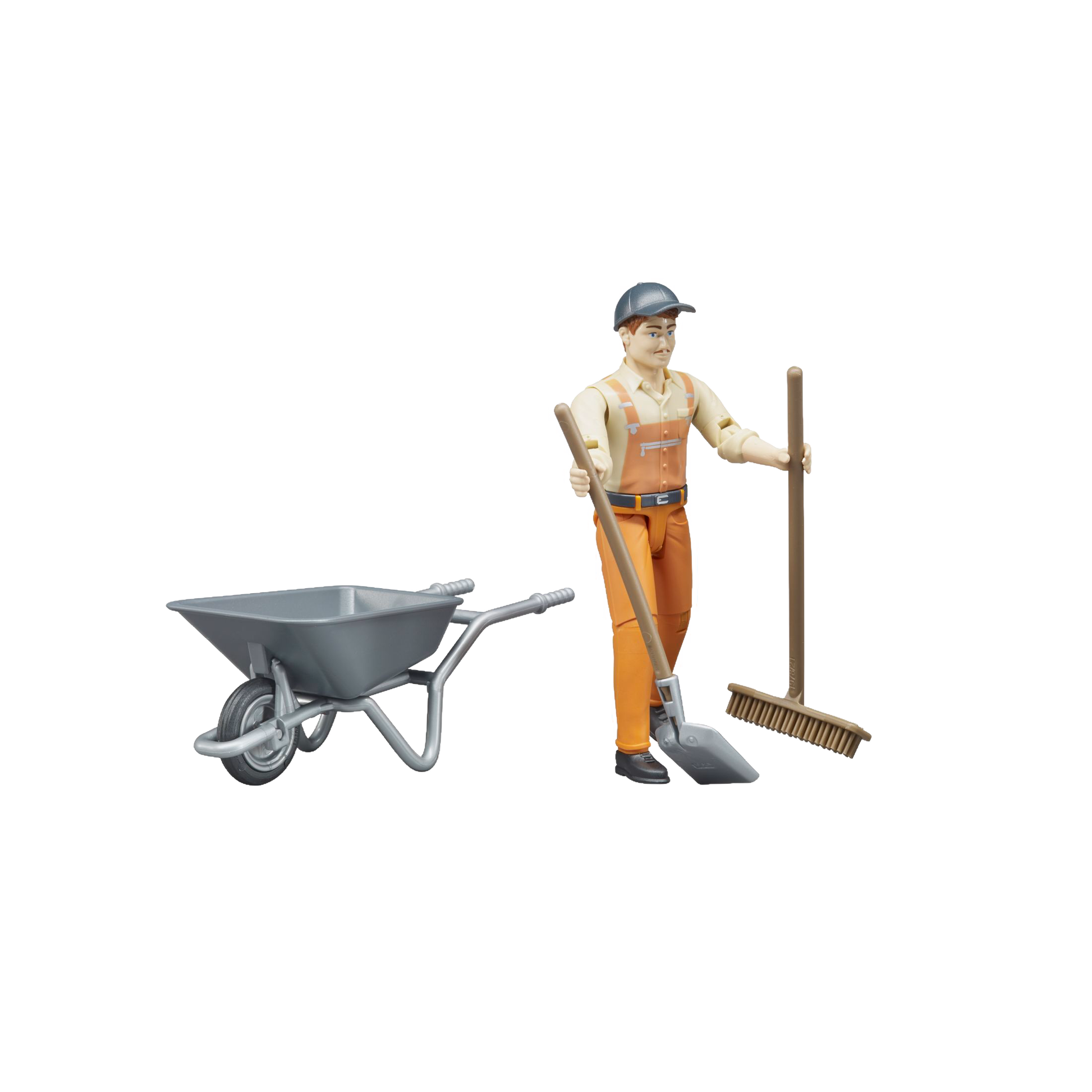 Figure of municipal worker in orange overalls with broom, shovel, and gray wheelbarrow for Bruder Toys under $50 collection