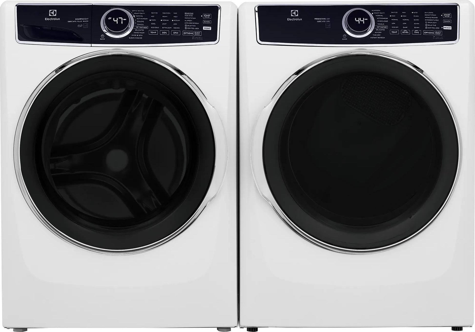 Pair of white front load washer and gas dryer with digital display and sleek black circular doors in Washers & Dryers collection