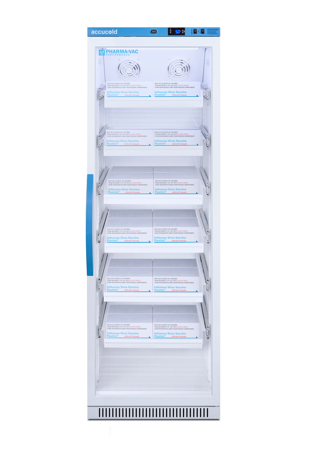 Upright refrigerator with removable drawers for vaccine storage, featuring digital controls in appliances and kitchenware collections