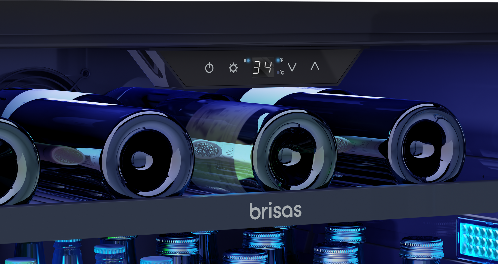 Interior view of a beverage cooler with digital temperature display set to 34°F, blue LED lighting, and horizontally stored bottles in a stainless steel and glass unit for kitchen appliances and beverage centers.