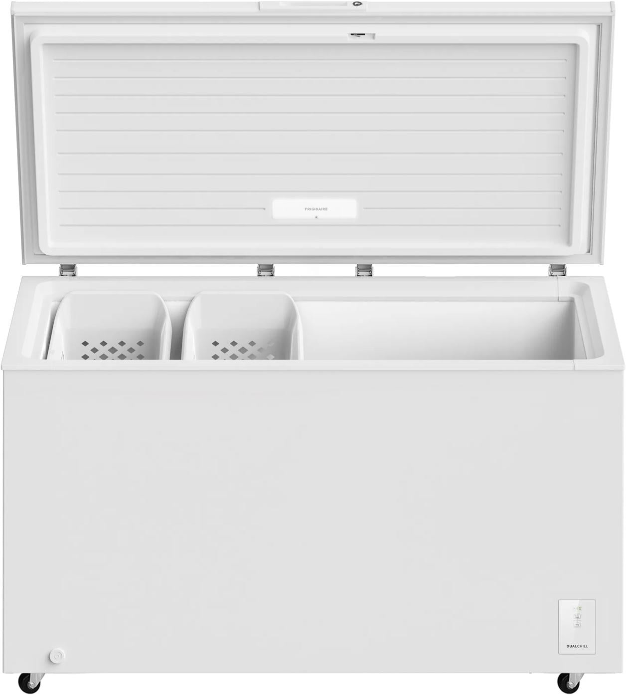 White 20 Cu. Ft. garage-ready chest freezer with open lid, removable storage baskets, and caster wheels for easy mobility, suitable for Freezers & Ice Makers, Chest Freezers, Kitchen & Kitchenware, and Appliances collections.