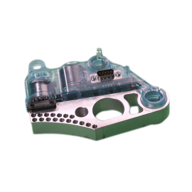 Transparent casing brake cartridge component with metal base and electrical connector for saw blade safety system