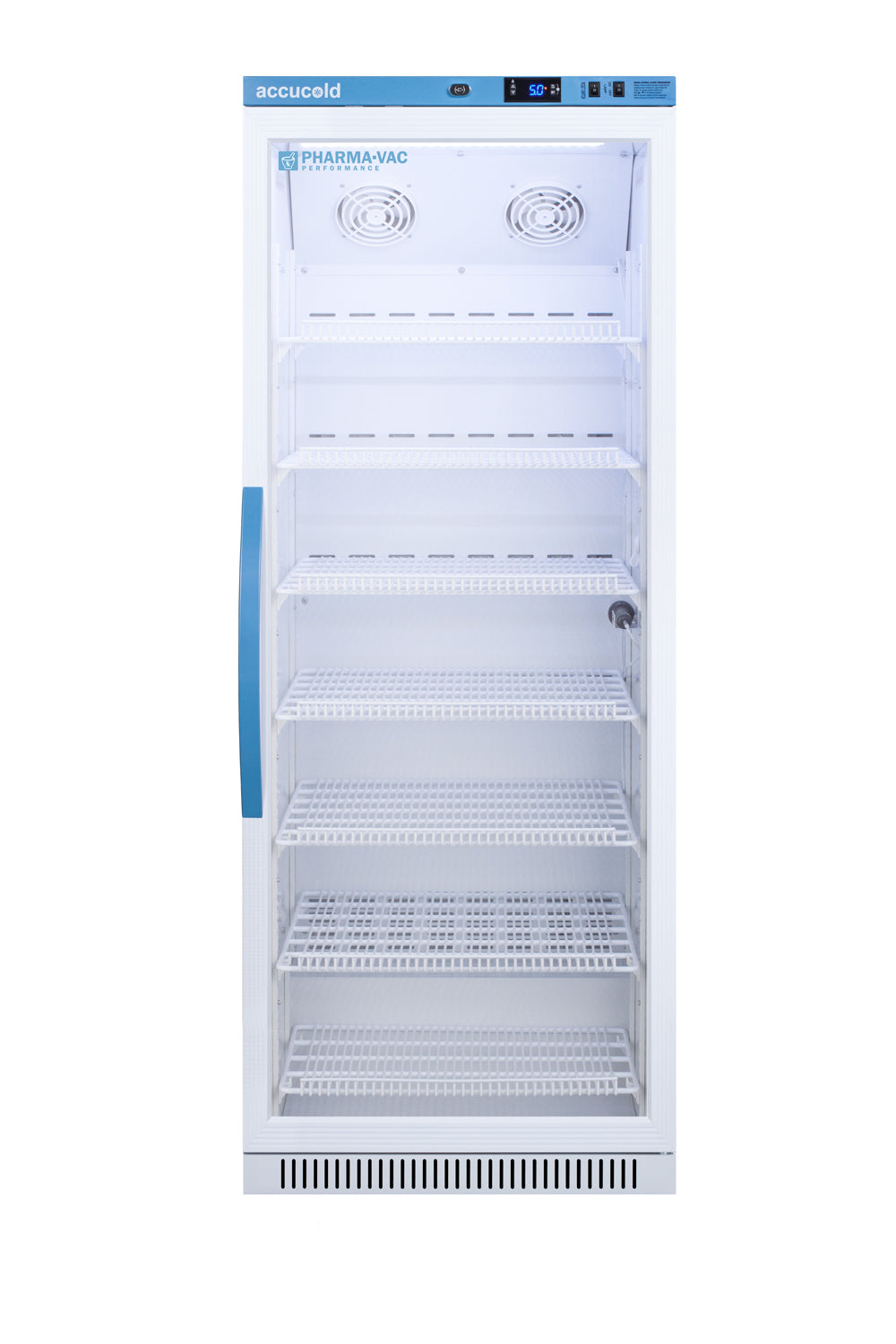White upright vaccine refrigerator with blue handle, multiple wire shelves, digital control panel, and ventilation fans, part of Appliances and Kitchenware collections at Hartville Hardware.