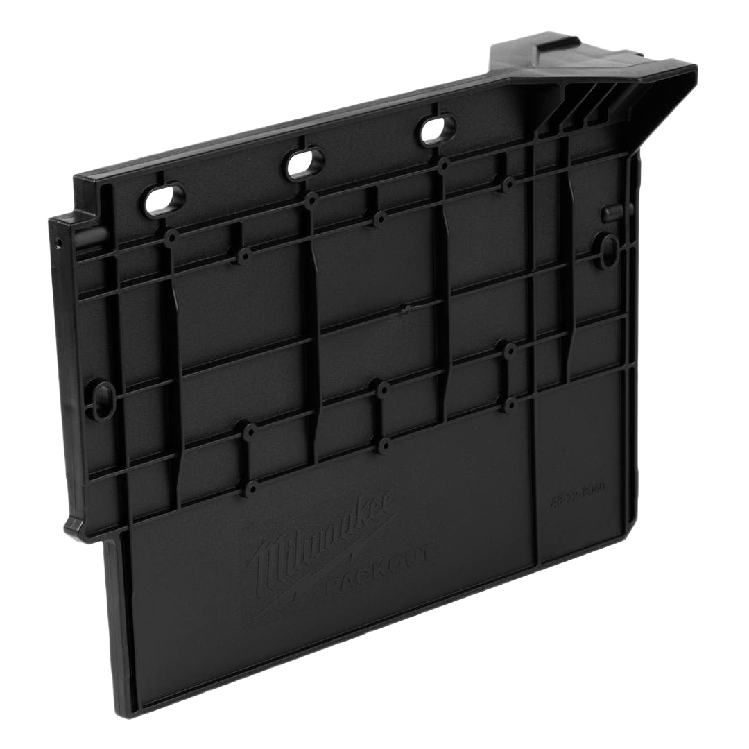 Black impact-resistant divider panel for Milwaukee PACKOUT™ tool storage crates in workshop and jobsite organization collections