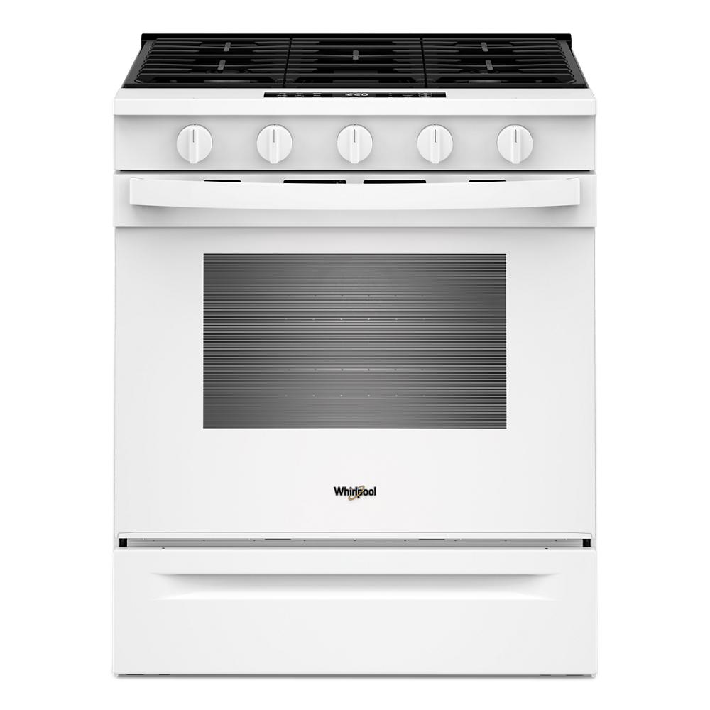 White 30-inch gas range with five knobs and large oven window from Ranges and Kitchen & Kitchenware collections