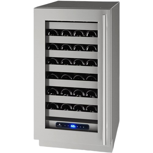 Stainless steel wine cooler with digital temperature display storing wine bottles for kitchen and appliance collections