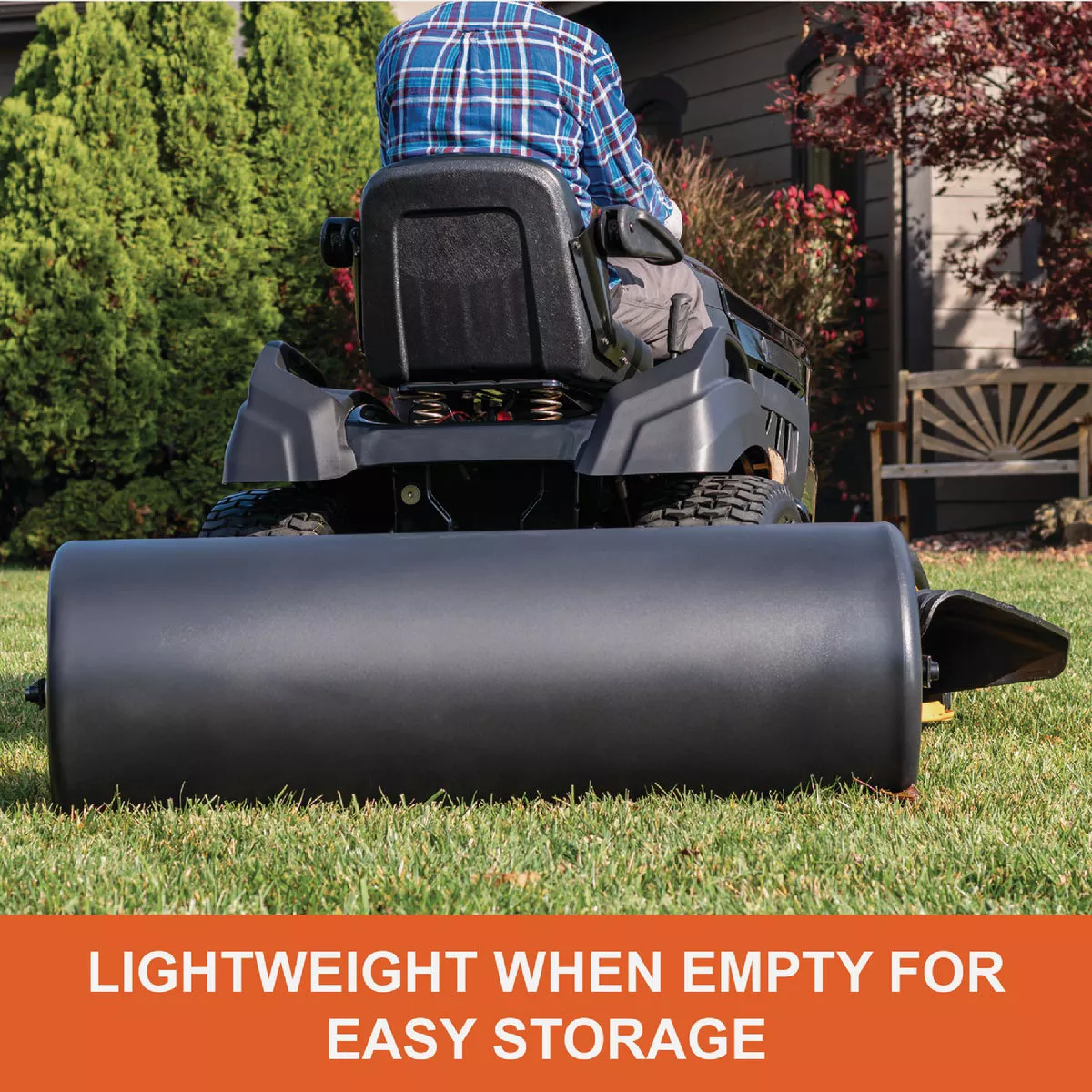 Black polyethylene tow roller attached to riding mower smoothing grass in Parts & Lubricants and All Products collections