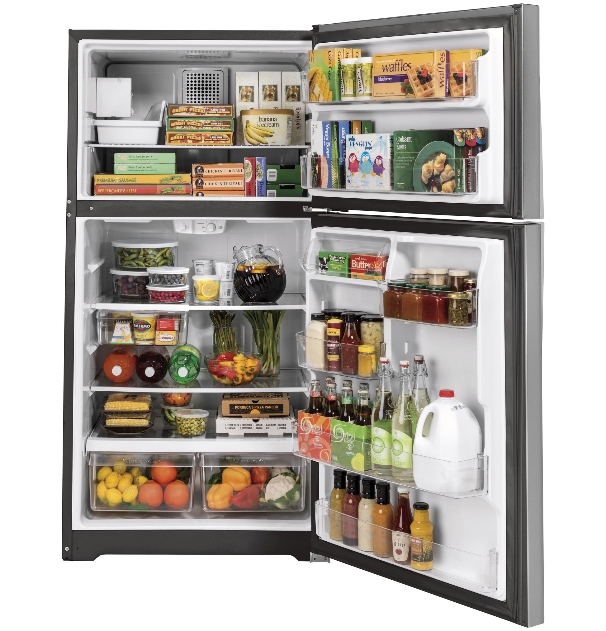 Open stainless steel top-freezer refrigerator filled with groceries in Refrigerators and Appliances collections