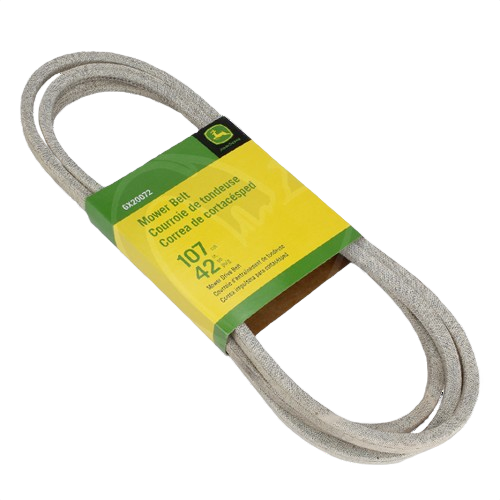 Gray reinforced mower deck belt with green and yellow label for outdoor power equipment maintenance tasks