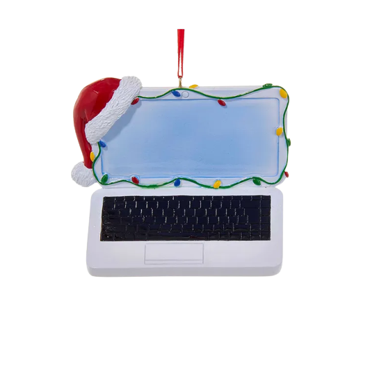 Festive laptop ornament with Santa hat and blank screen bordered by colorful holiday string lights for personalization