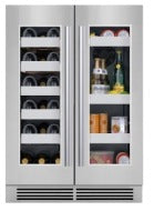 Front view of a stainless steel 24" beverage cooler with glass doors showing wine bottles and assorted drinks, featured in Refrigerators, Kitchen & Kitchenware, Beverage Centers, Appliances, and All Products at Hartville Hardware.