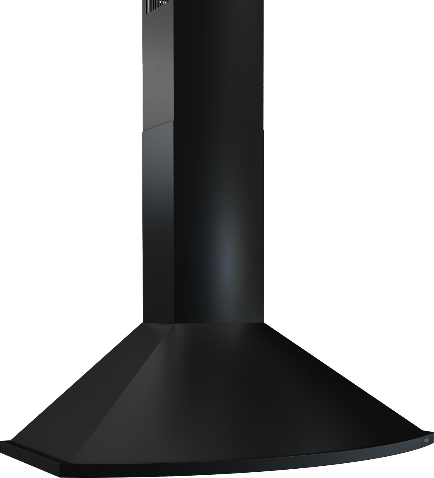Black powder-coated chimney hood with sleek angular design for kitchen ventilation in range hood and appliances collections