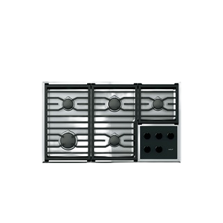 Stainless steel five burner natural gas cooktop with black grates and modern control knobs for home kitchens