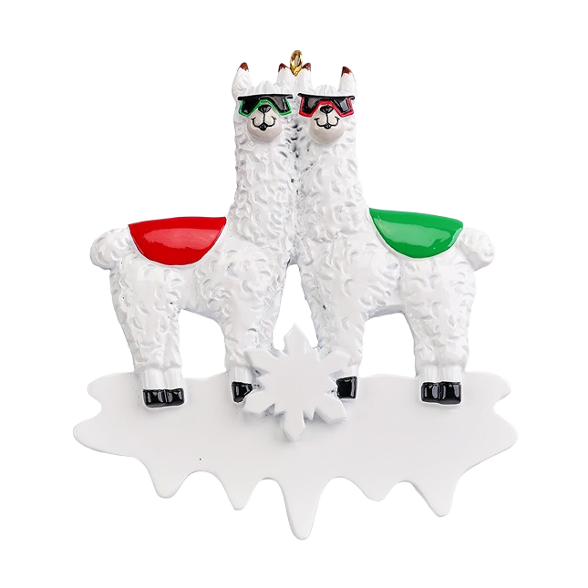 Pair of white llamas wearing red and green saddle blankets and sunglasses on snowflake base Christmas ornament under $50 collection