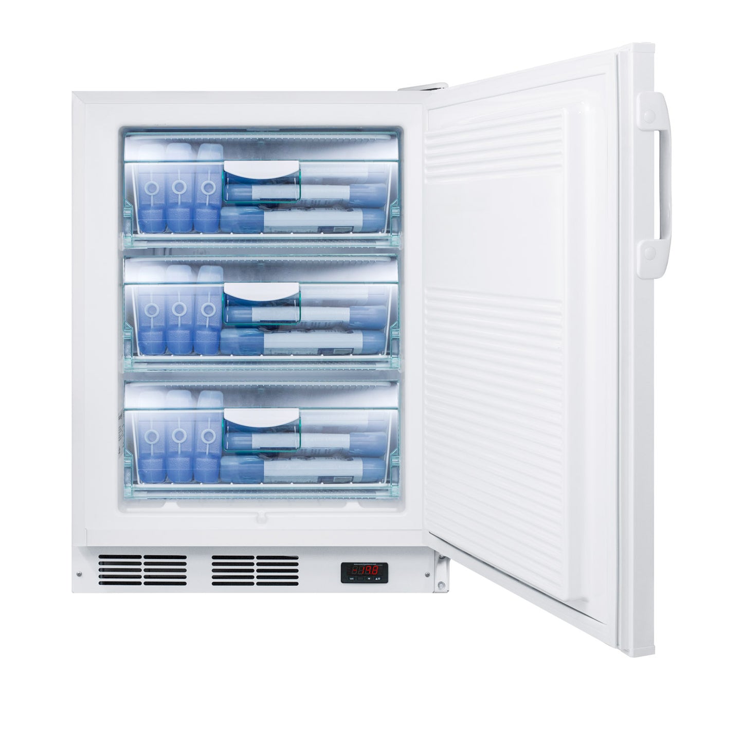 White built-in freezer with open door showing three drawers stocked with food storage containers and ice trays