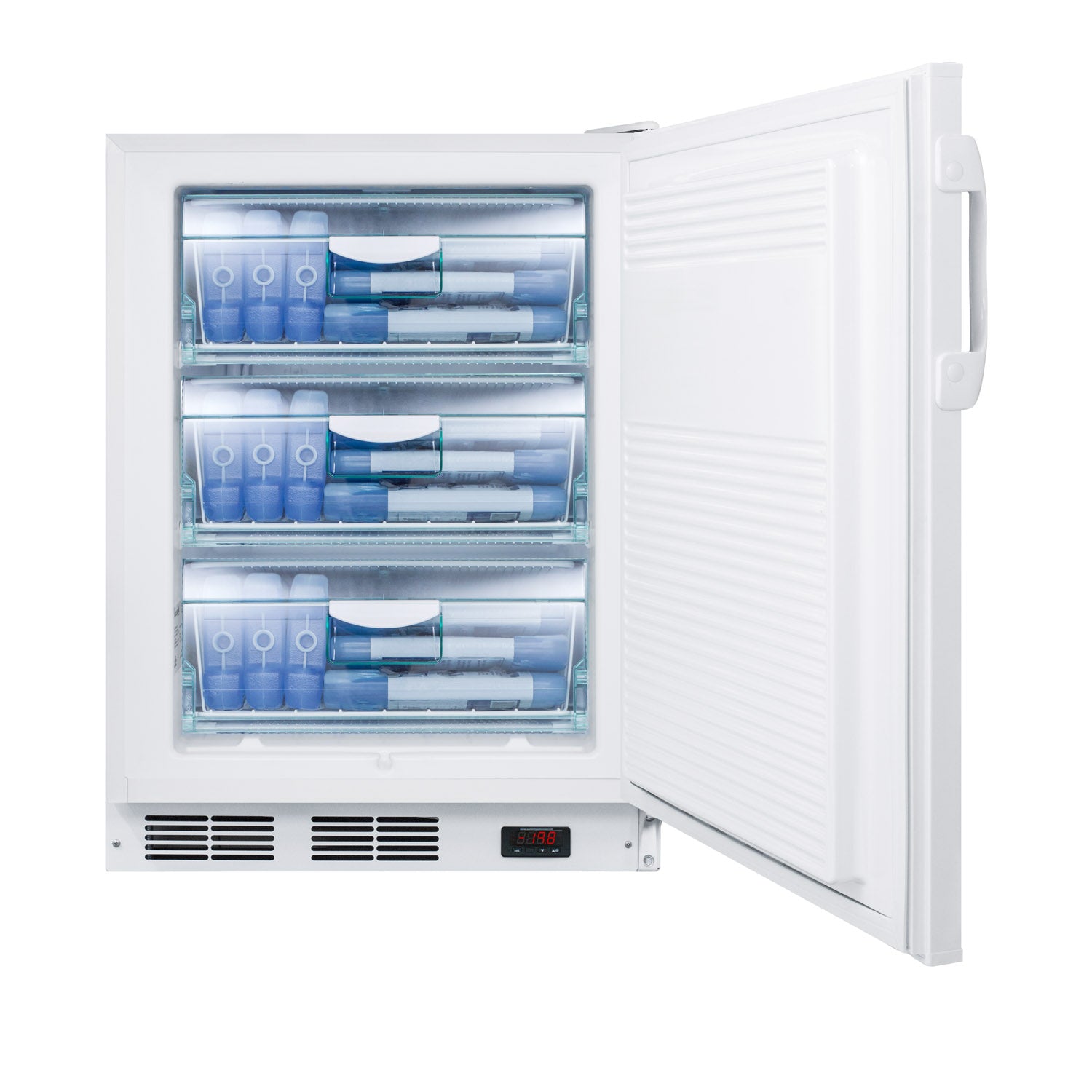 White built-in freezer with open door showing three drawers stocked with food storage containers and ice trays