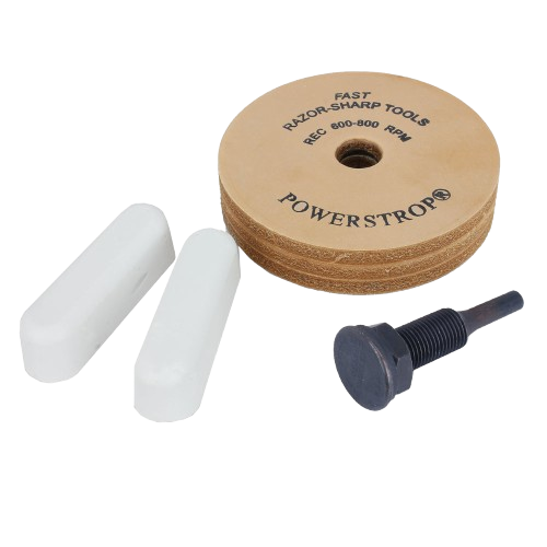 Round leather powerstrop wheel with spindle bolt and two white polishing bars for tool sharpening in home improvement