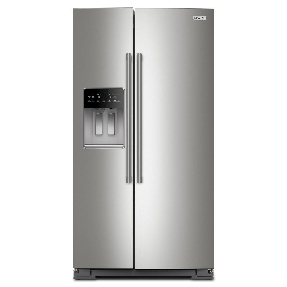 Sleek stainless steel side-by-side refrigerator with water dispenser and digital control panel from kitchen appliances collection