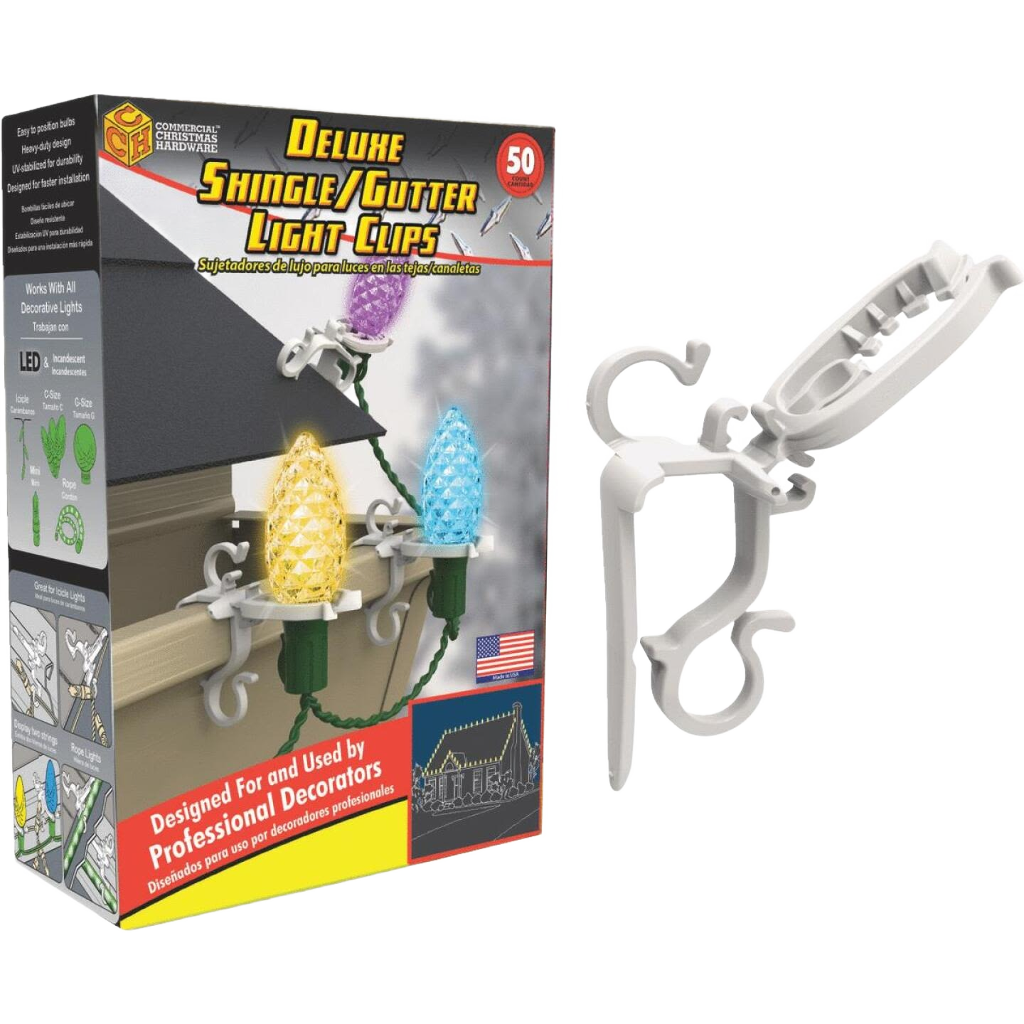 White durable deluxe light clip for gutters and shingles, suitable for Christmas decorations and home improvement projects under $50