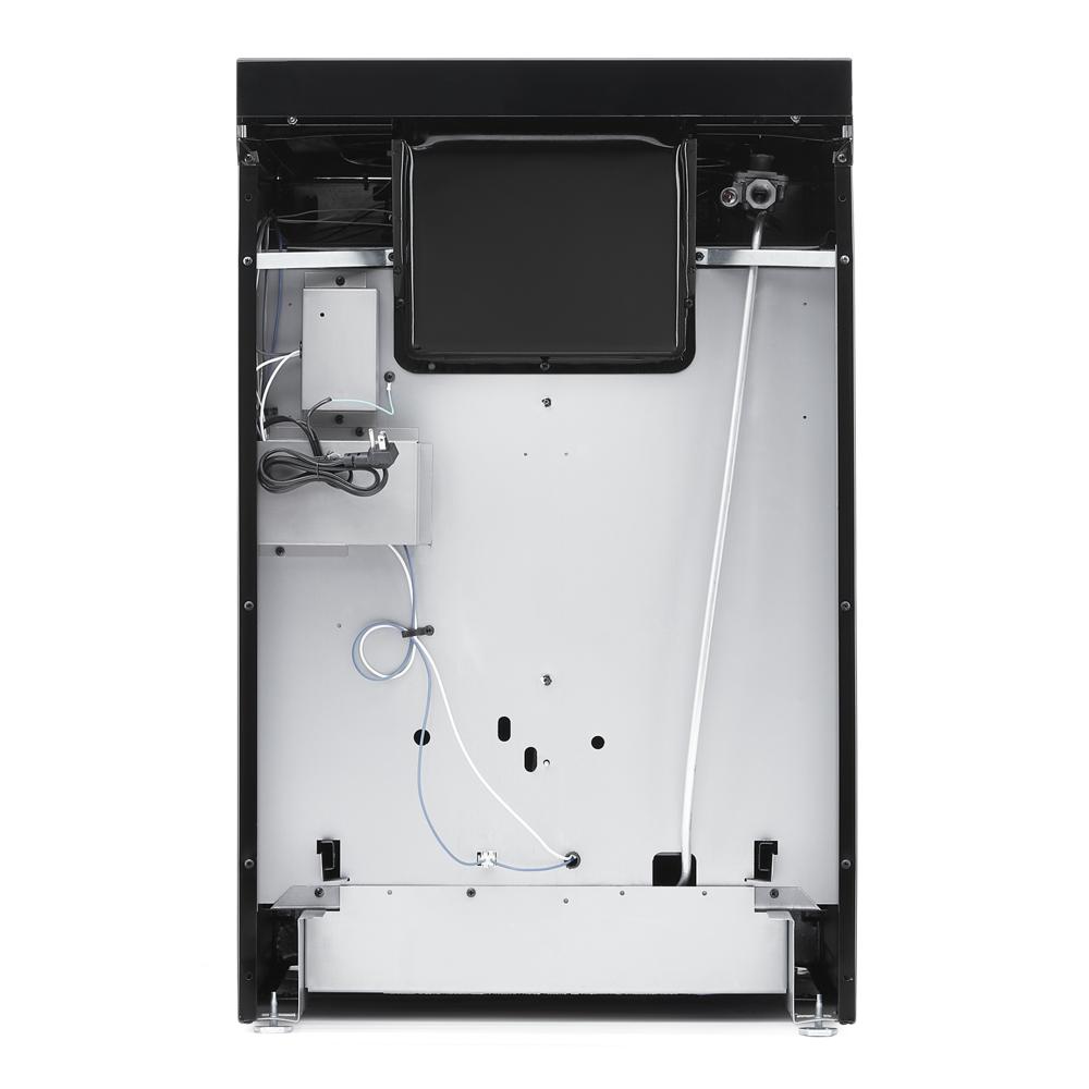 Underside view of a Whirlpool 24-inch freestanding gas range showing internal components for home improvement use