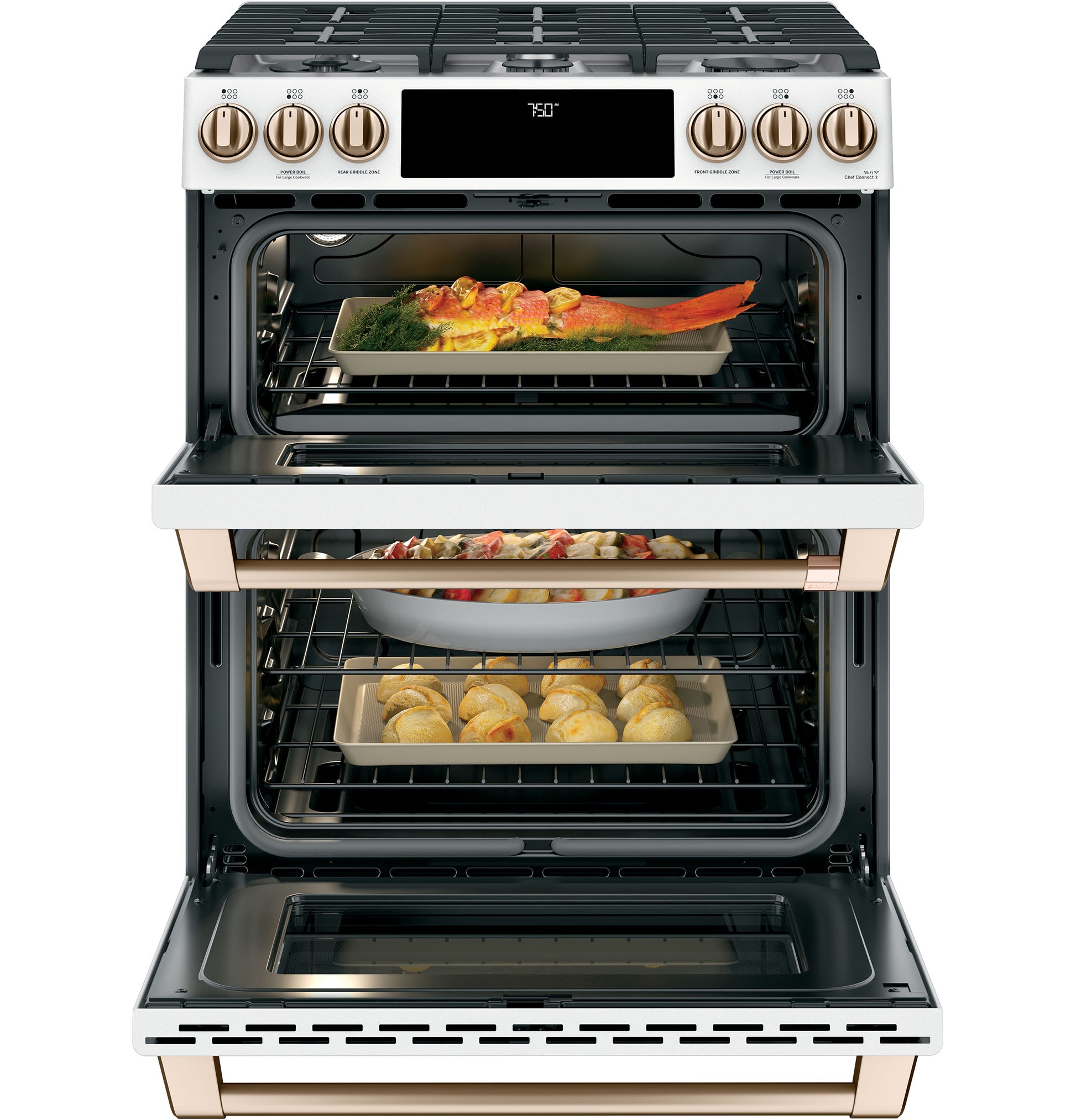 Double oven gas range in white with bronze control knobs, convection cooking, and cooking trays inside, part of ranges collection