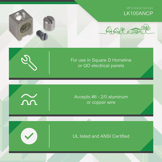Aluminum neutral lug kit components including connector block and screws for electrical panel wiring and home improvement