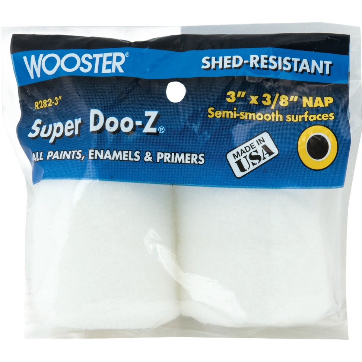 Two-pack of shed-resistant woven fabric roller covers for semi-smooth surfaces in painting and home improvement projects