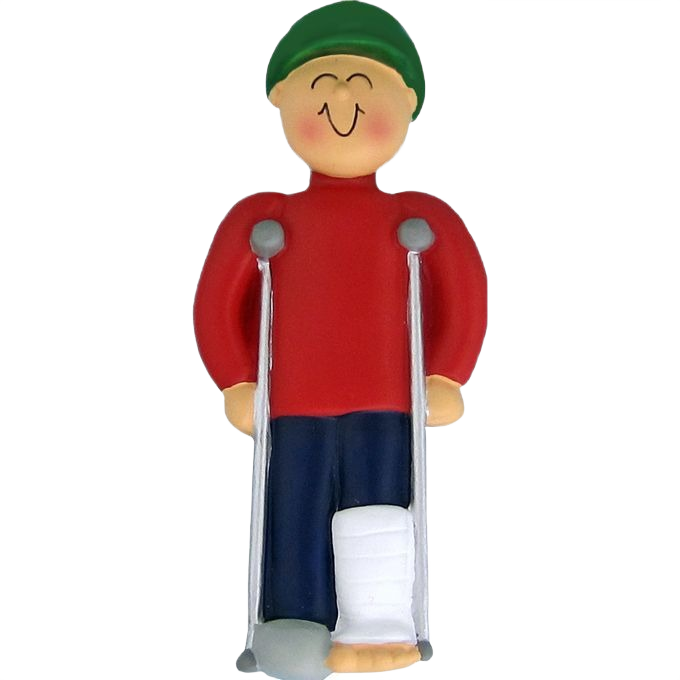 Smiling male figurine with green cap and red shirt standing on crutches with a white leg cast in Christmas Ornaments collection