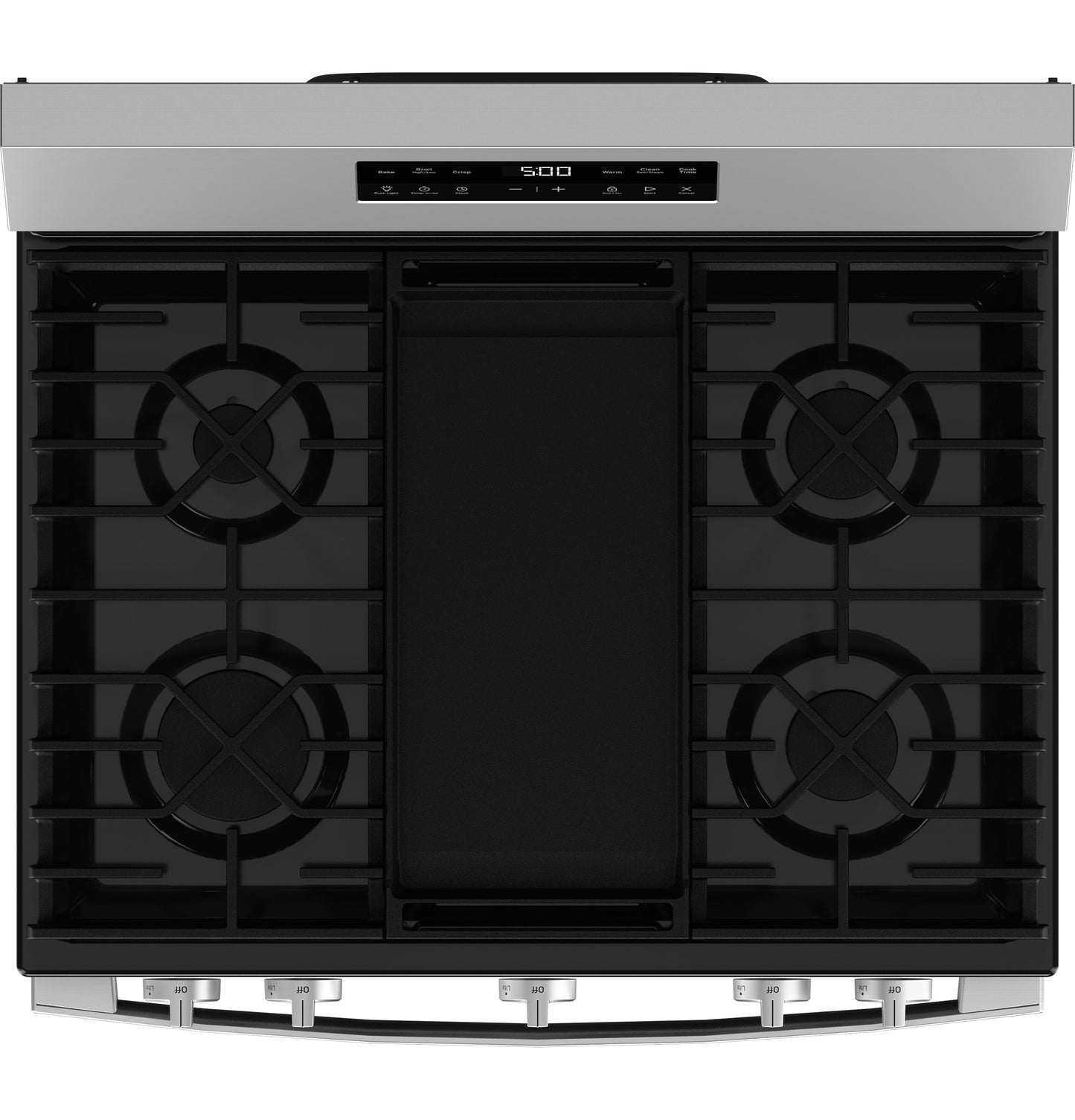 Top view of stainless steel gas cooktop with four burners and central griddle in ranges and kitchenware collection