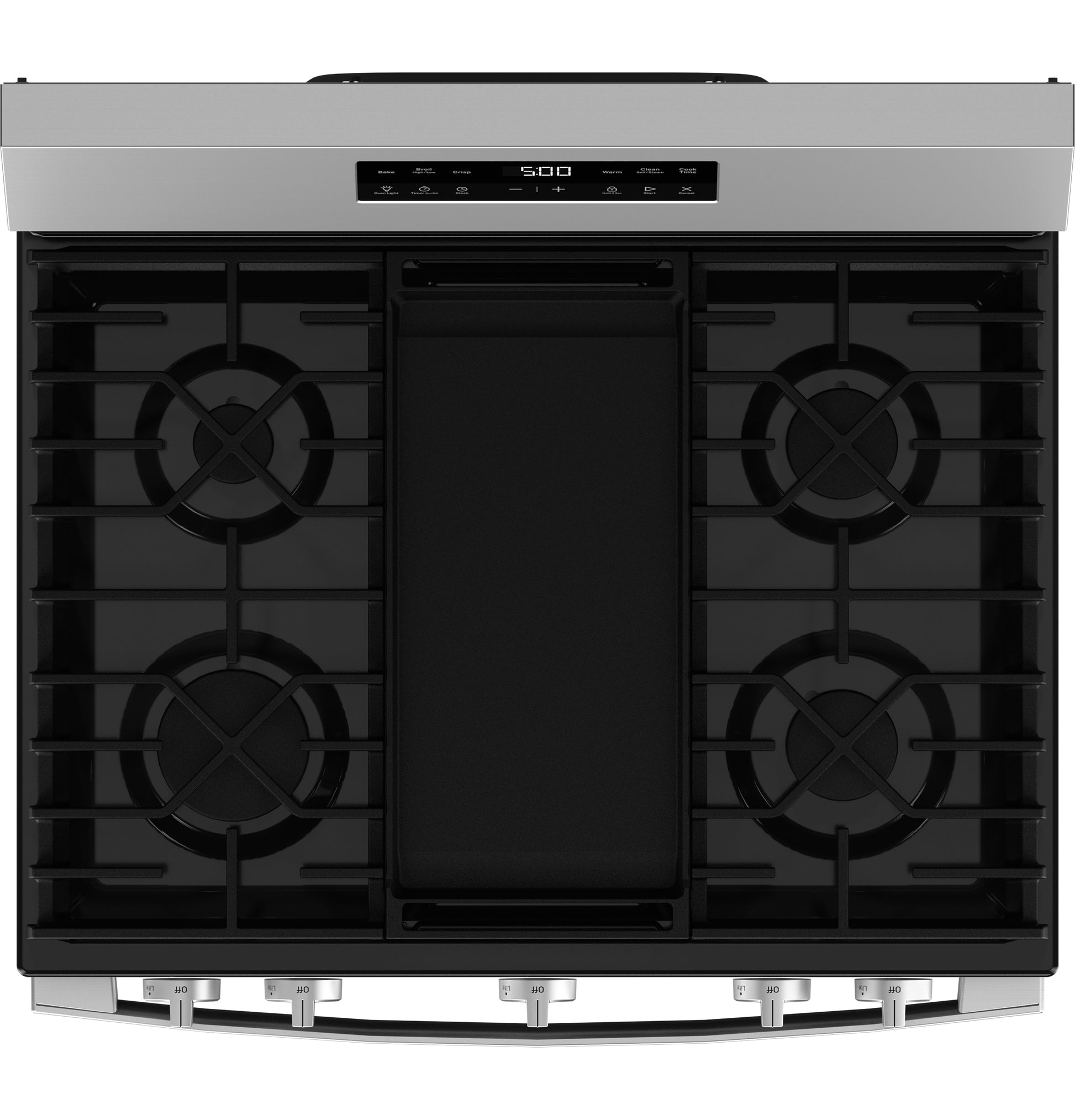 Top view of stainless steel gas cooktop with four burners and central griddle in ranges and kitchenware collection