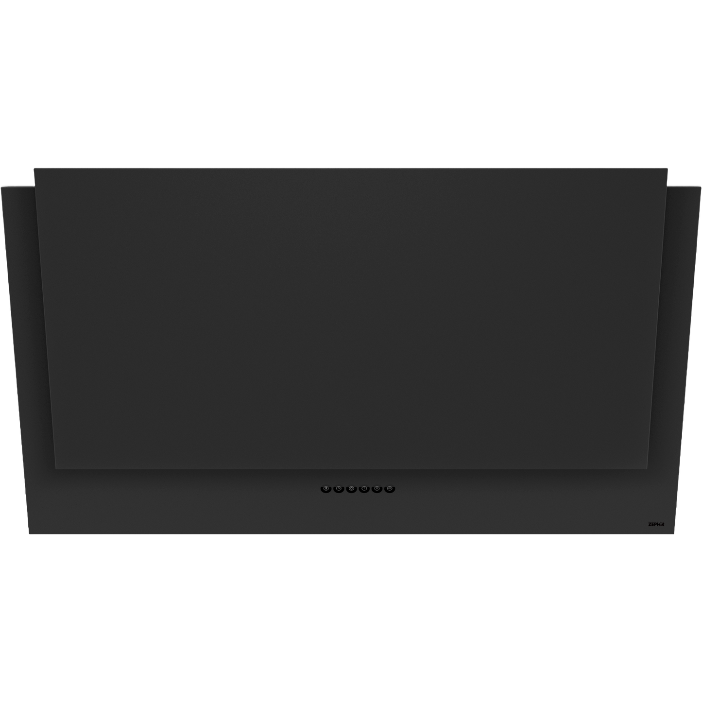 Black wall-mounted range hood with sleek, angular design and touch control panel from kitchen appliances collection