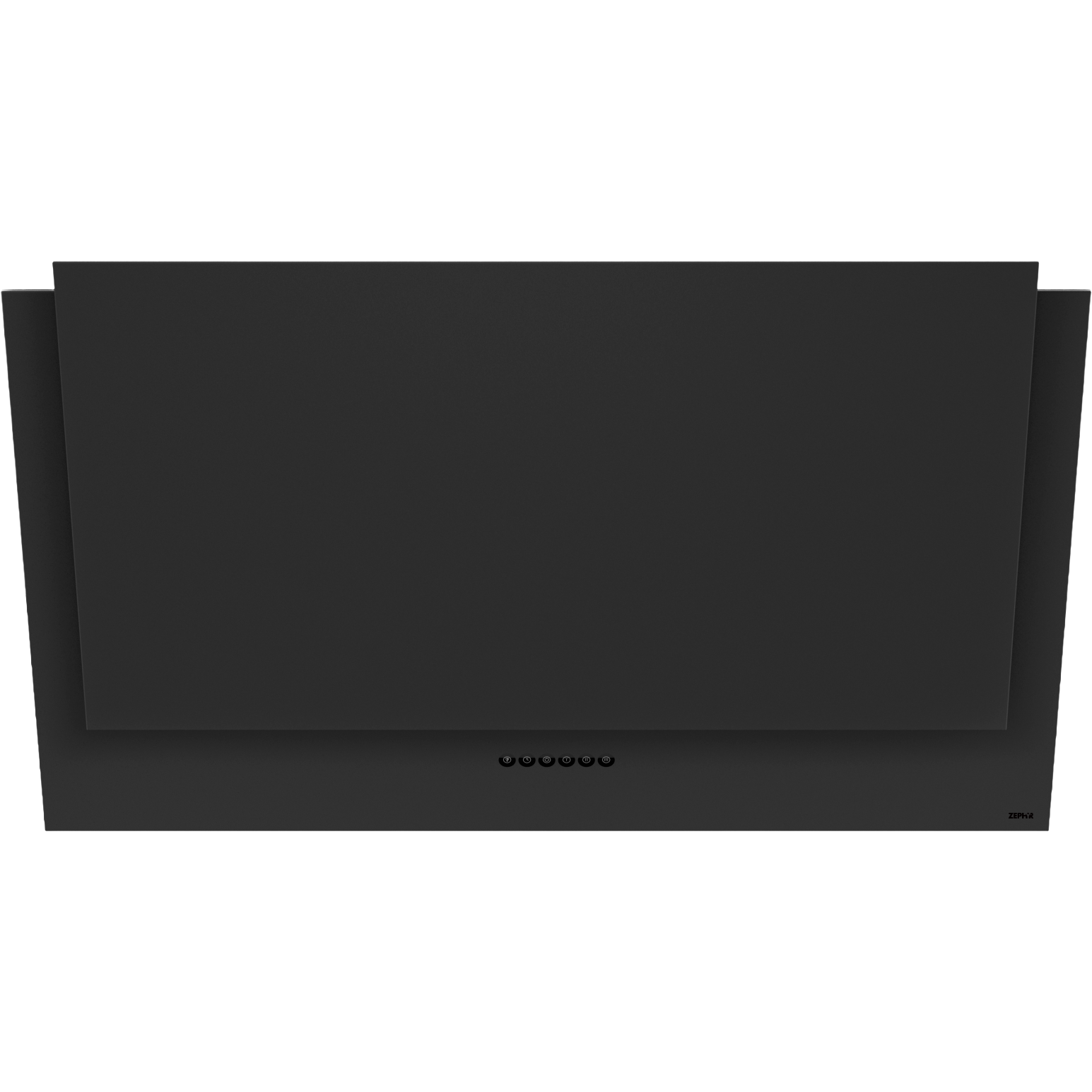 Black wall-mounted range hood with sleek, angular design and touch control panel from kitchen appliances collection