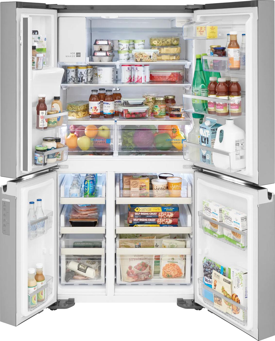 Open 22 Cu. Ft. counter-depth 4-door refrigerator with stocked interior in kitchen appliance and home improvement collections