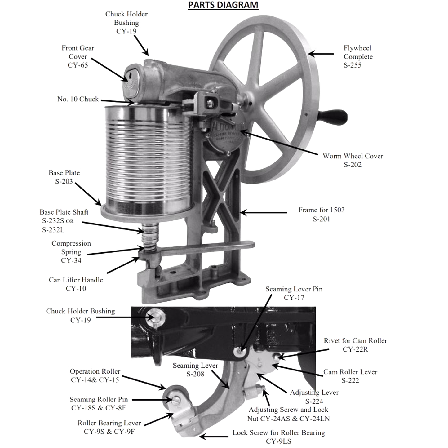 Black and white technical diagram of a can sealer with labeled parts for kitchen and tool use collections