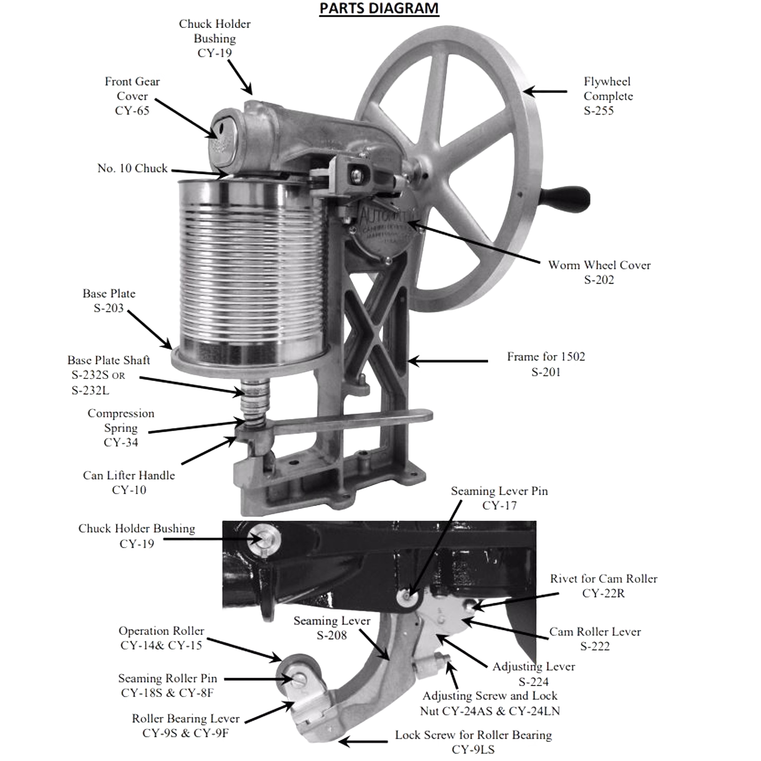 Black and white technical diagram of a can sealer with labeled parts for kitchen and tool use collections