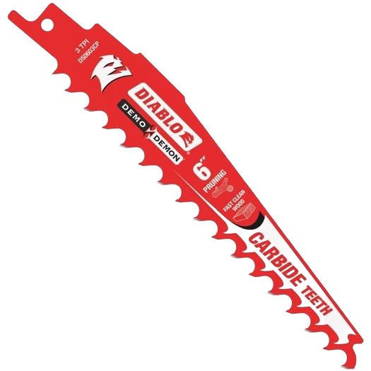 Red Diablo pruning reciprocating saw blade with carbide teeth for woodworking and power tool accessories.