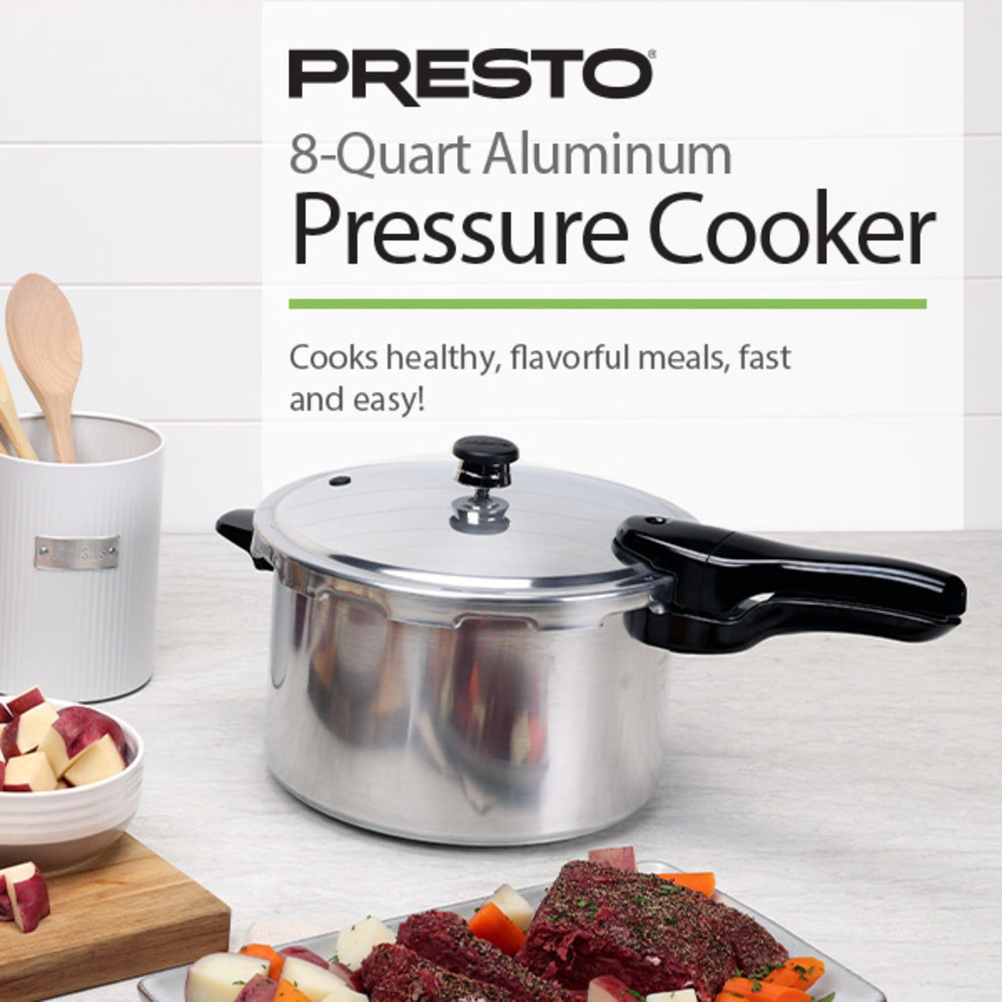 Polished aluminum pressure cooker with black handle shown with fresh vegetables and cooked meal in kitchenware collection